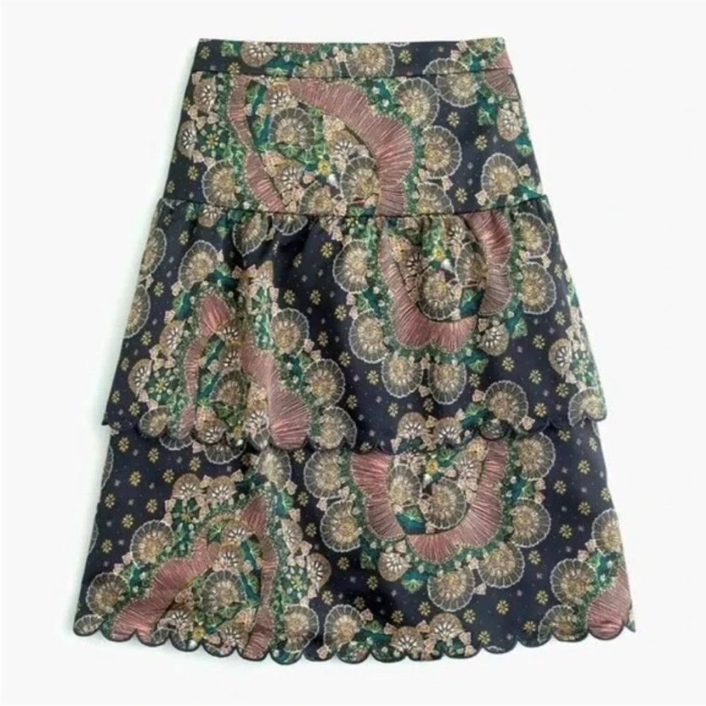 J Crew Point Sur Tiered Scalloped Hem Skirt Paisley Midi Blue Floral Womens 2